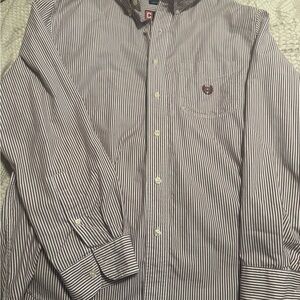Chaps Men's Maroon and White Striped Dress Shirt